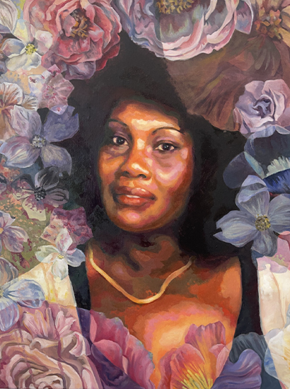 Artwork depicting Amaya's grandmother surrounded by state flowers representing places she moved to during the Jim Crow era