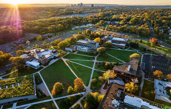 Aerial view of UHart's campus, looking towards Hartford