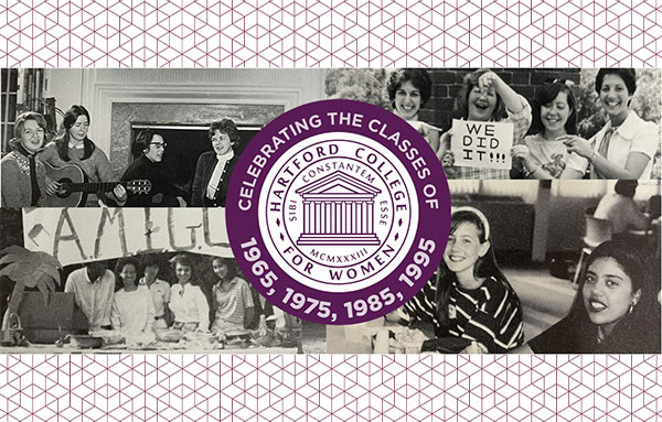 A collage of photos featuring Hartford College Women alum as students. An HCW emblem overlays the photos which reads, Celebrating the class of 1965, 1975, 1985, 1995.