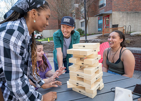 students playing jenga