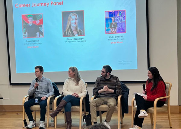 Taylor DePaolo-Daily (right) led a panel discussion with NBC Sports professionals for UHart students interested in sports journalism careers. Panelists included from left UHart alumni Colin Whitehill (left) and Trevor Connie, and NBC Sports VP of Production Engineering Stacey Georgiou.